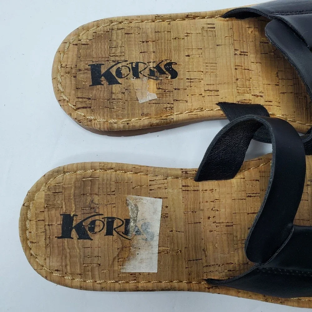 Korks Open Toe Double‎ Strap Slide Sandals Black Womens Size 6M Fast Shipping